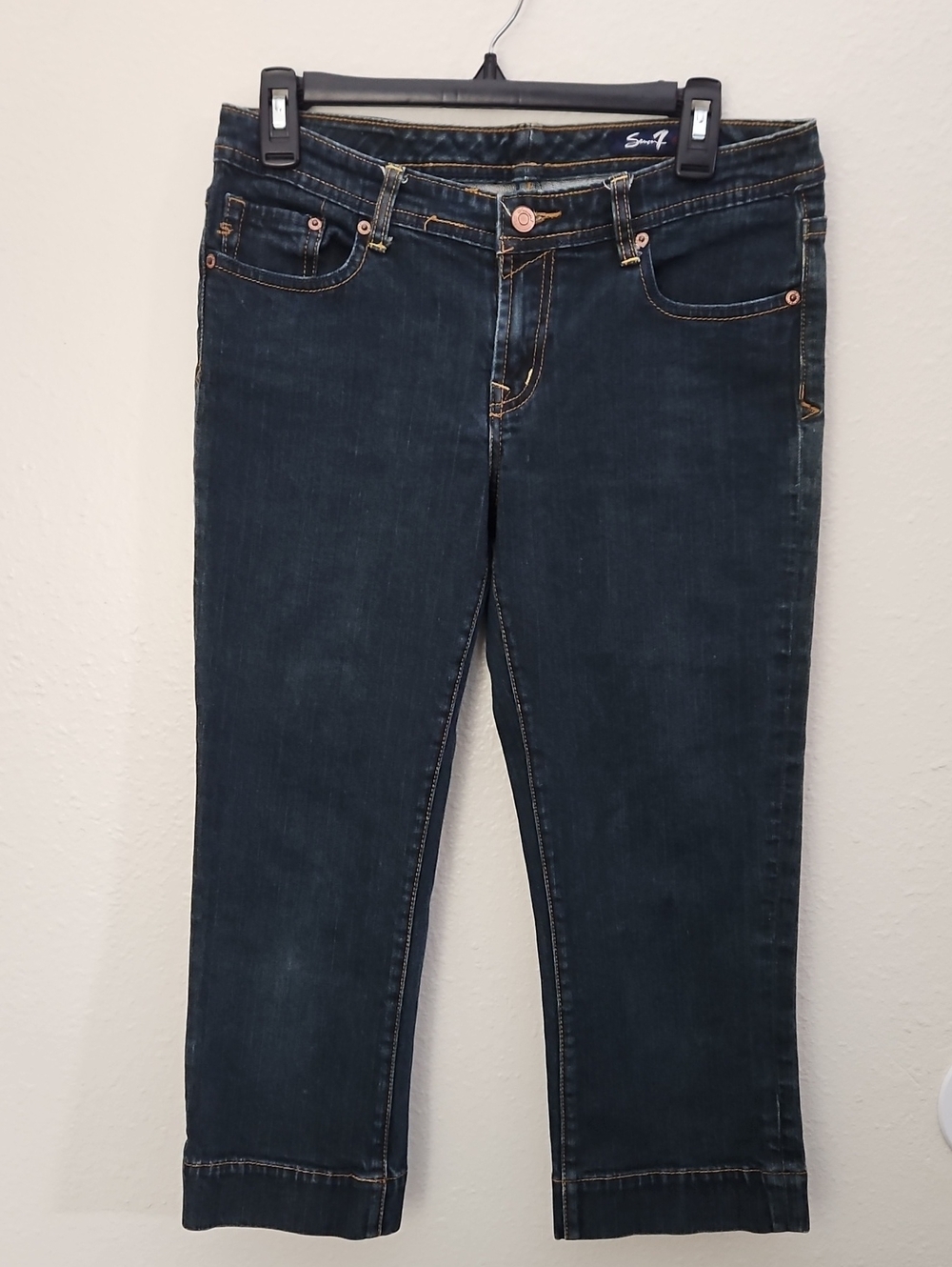 ​Y2K Seven 7 Premium Dark Indigo Jeans 31 Orange Embroidered Back Pocket Stretch